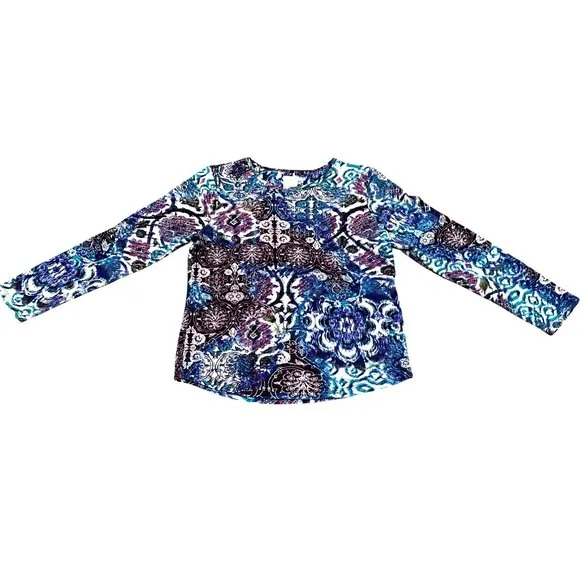 Chicos Long Sleeve Top Multicolored Paisley Print Blouse Boho Chic Size 1