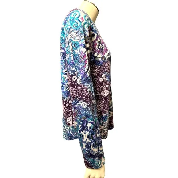 Chicos Long Sleeve Top Multicolored Paisley Print Blouse Boho Chic Size 1