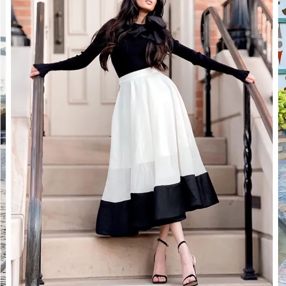 CHICWISH Swing in the Breeze Cream Black Colorblock Full Circle Skirt NWT