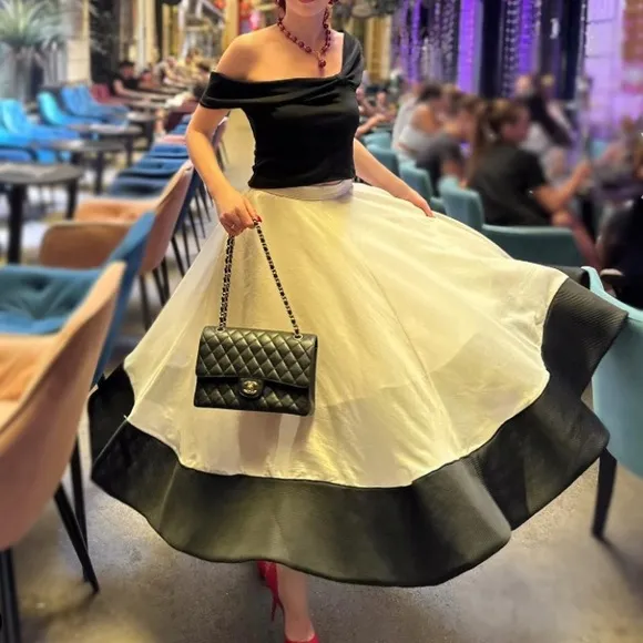 CHICWISH Swing in the Breeze Cream Black Colorblock Full Circle Skirt NWT