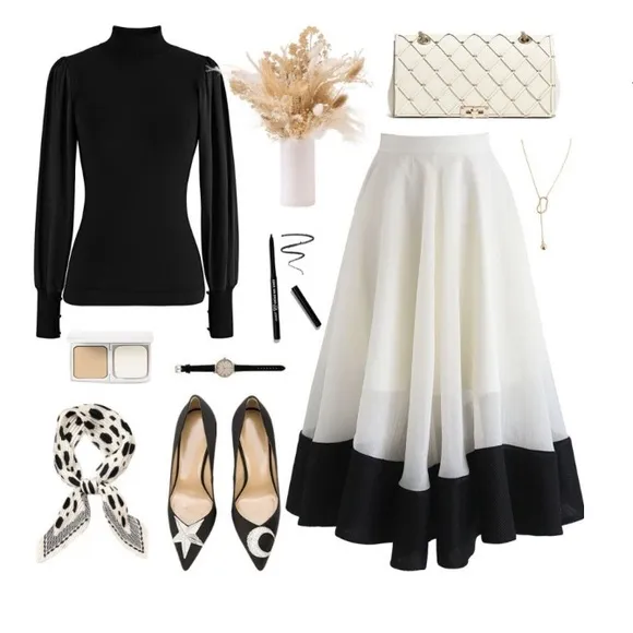 CHICWISH Swing in the Breeze Cream Black Colorblock Full Circle Skirt NWT