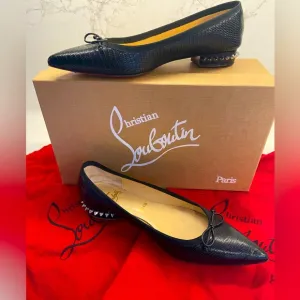 Christian Louboutin Black Leather Faux Snakeskin Flats with Spiked Heels