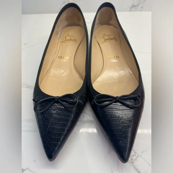 Christian Louboutin Black Leather Faux Snakeskin Flats with Spiked Heels