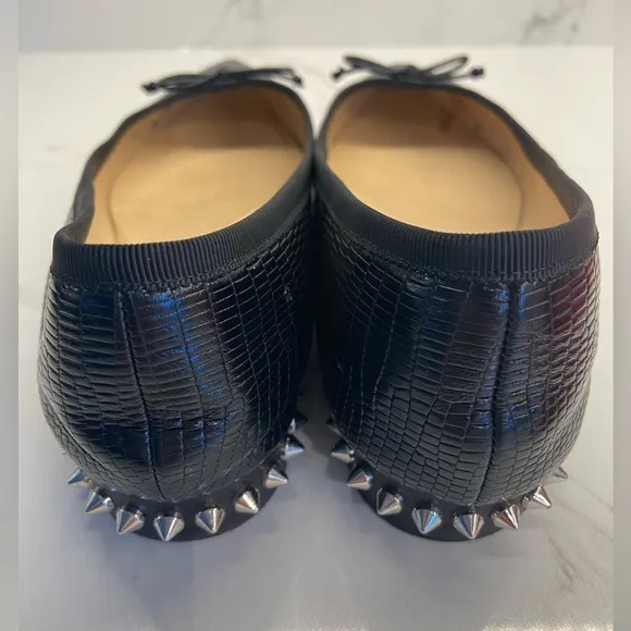 Christian Louboutin Black Leather Faux Snakeskin Flats with Spiked Heels