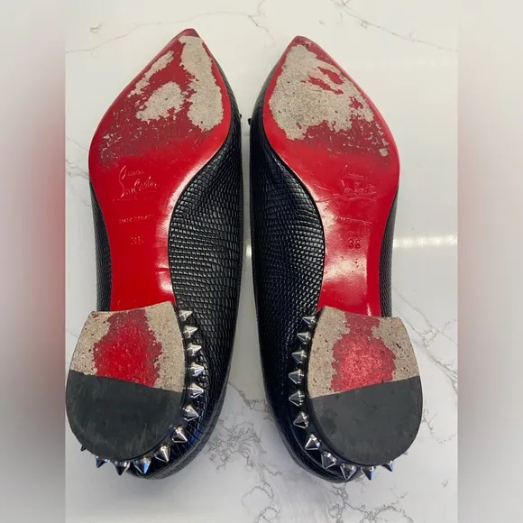 Christian Louboutin Black Leather Faux Snakeskin Flats with Spiked Heels