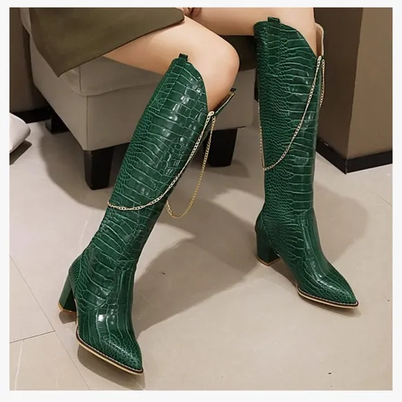 Chunky Heel Knee High Western Boots Wide Calf Pointed Toe Croc Boots Gold Chain