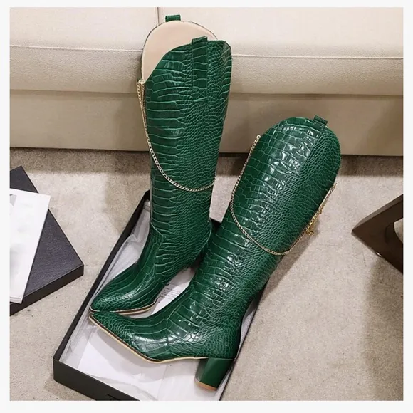 Chunky Heel Knee High Western Boots Wide Calf Pointed Toe Croc Boots Gold Chain