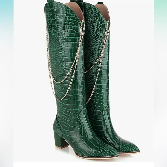 Chunky Heel Knee High Western Boots Wide Calf Pointed Toe Croc Boots Gold Chain