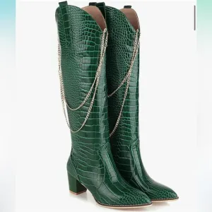 Chunky Heel Knee High Western Boots Wide Calf Pointed Toe Croc Boots Gold Chain