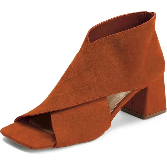 Chunky Heel Open Toe Booties Suede Side Cut-Out Ankle Boots Square Peep Toe 2 “