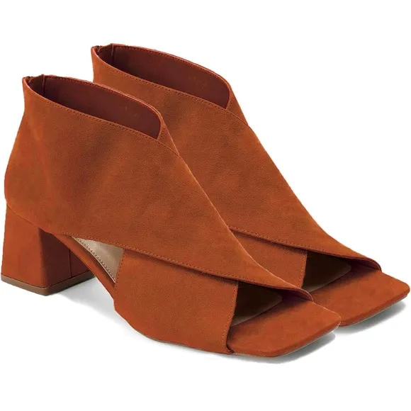 Chunky Heel Open Toe Booties Suede Side Cut-Out Ankle Boots Square Peep Toe 2 “