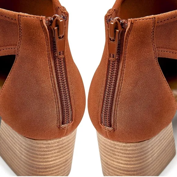 Chunky High Heel Booties Suede Open Toe Side Cut-Out Ankle Boots