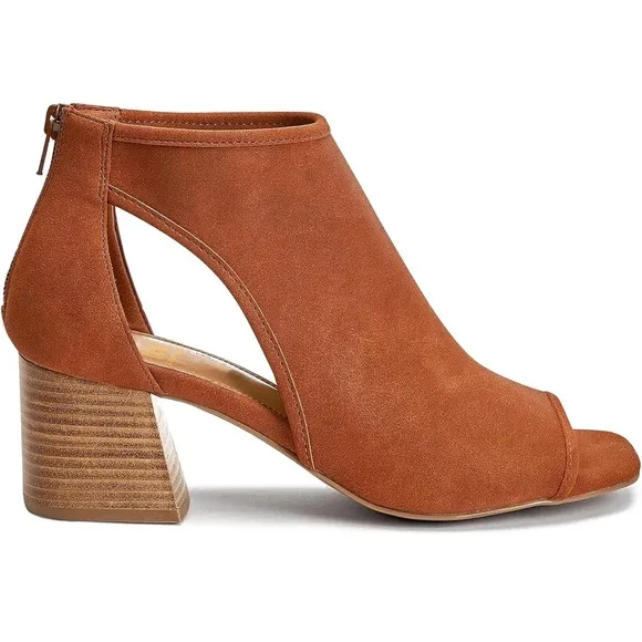 Chunky High Heel Booties Suede Open Toe Side Cut-Out Ankle Boots