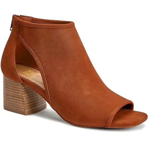 Chunky High Heel Booties Suede Open Toe Side Cut-Out Ankle Boots