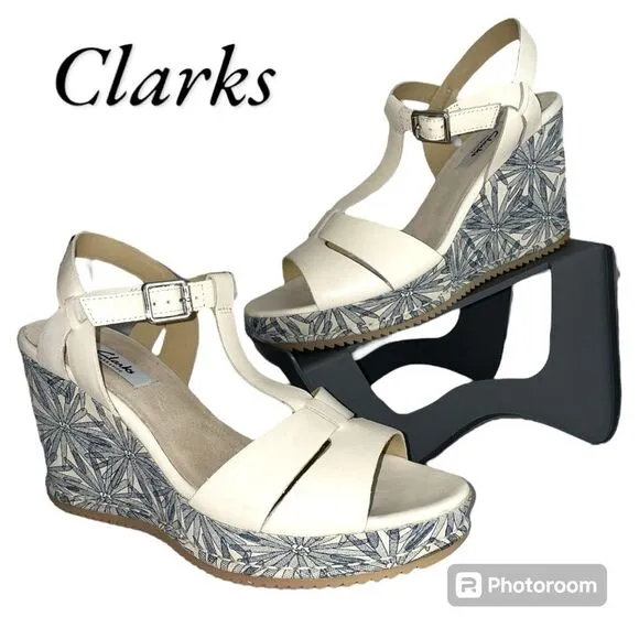 Clarks Narrative Adesha River Leather T Bar Wedge Sandals NWOT Womens Size 9.5