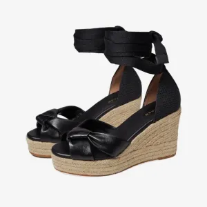 Cole Haan Cloudfeel Hampton Black Leather Natural Canvas Wedge Sandals Size 9