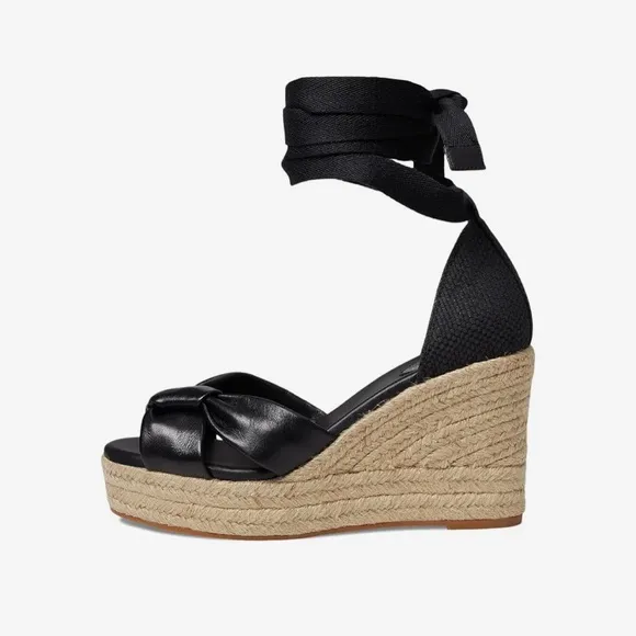 Cole Haan Cloudfeel Hampton Black Leather Natural Canvas Wedge Sandals Size 9