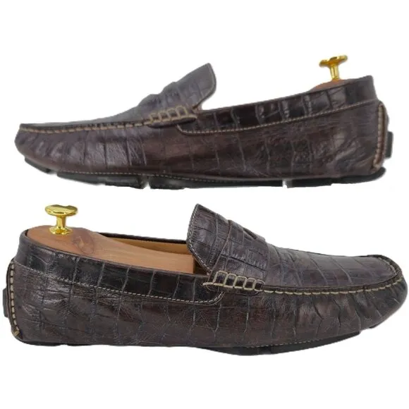 Cole Haan Croc Embossed Brown Leather Driving Penny Loafers Mens 9M Dress Shoes