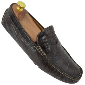 Cole Haan Croc Embossed Brown Leather Driving Penny Loafers Mens 9M Dress Shoes