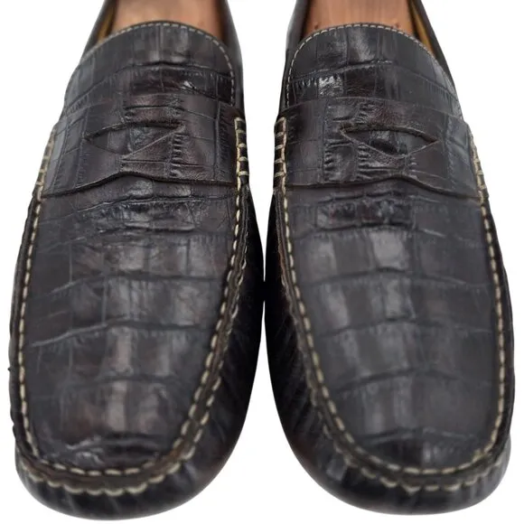 Cole Haan Croc Embossed Brown Leather Driving Penny Loafers Mens 9M Dress Shoes