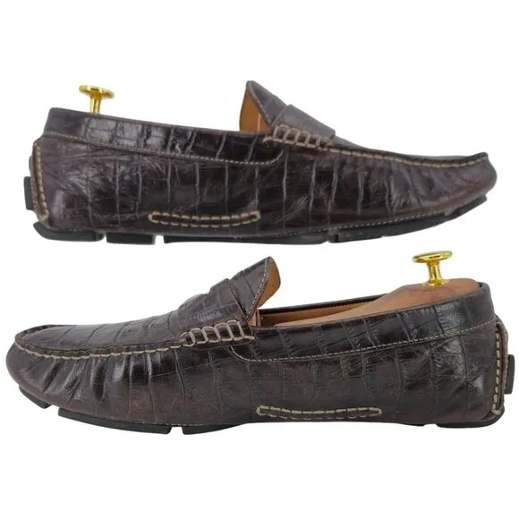 Cole Haan Croc Embossed Brown Leather Driving Penny Loafers Mens 9M Dress Shoes