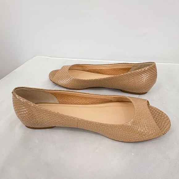 Cole Haan Morgan Peep Toe Ballet Flats, Sz 9B, Beige Snakeskin Pattern Neutral