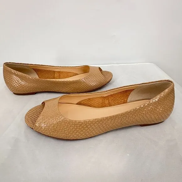 Cole Haan Morgan Peep Toe Ballet Flats, Sz 9B, Beige Snakeskin Pattern Neutral