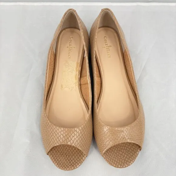 Cole Haan Morgan Peep Toe Ballet Flats, Sz 9B, Beige Snakeskin Pattern Neutral