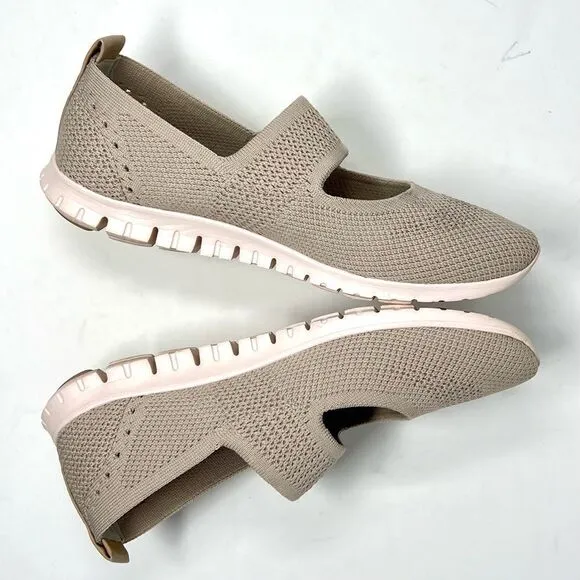 Cole Haan Zerogrand Stitchlite Tan Gray Knit Leather Slip On Mary Jane Sneaker 7