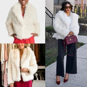Collared off white ivory, cream faux fur thick jacket coat