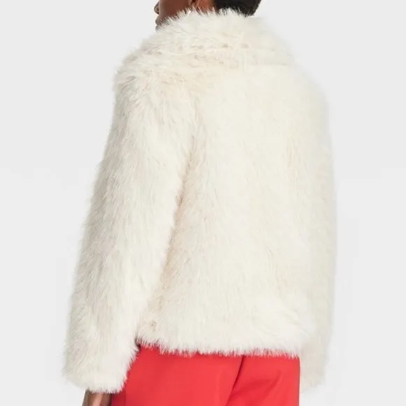 Collared off white ivory, cream faux fur thick jacket coat