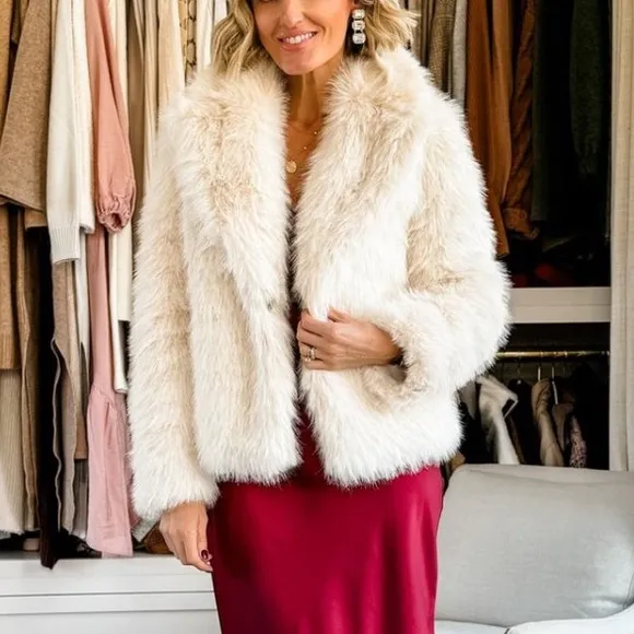 Collared off white ivory, cream faux fur thick jacket coat