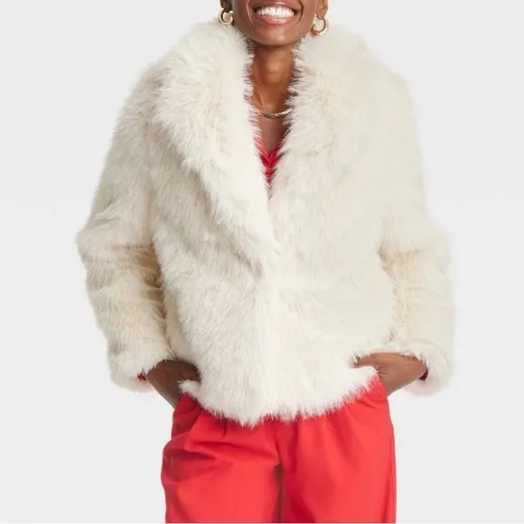 Collared off white ivory, cream faux fur thick jacket coat
