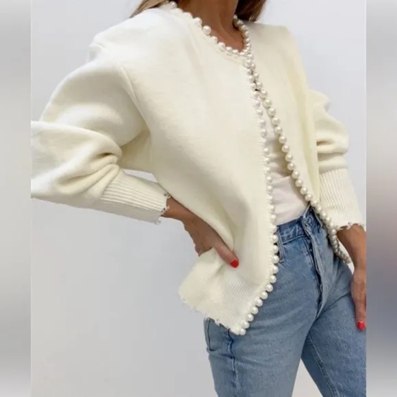 COMMENSE Cream Pearl Trim Cardigan Sweater