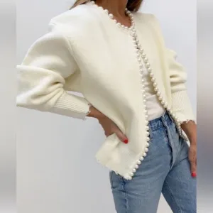COMMENSE Cream Pearl Trim Cardigan Sweater