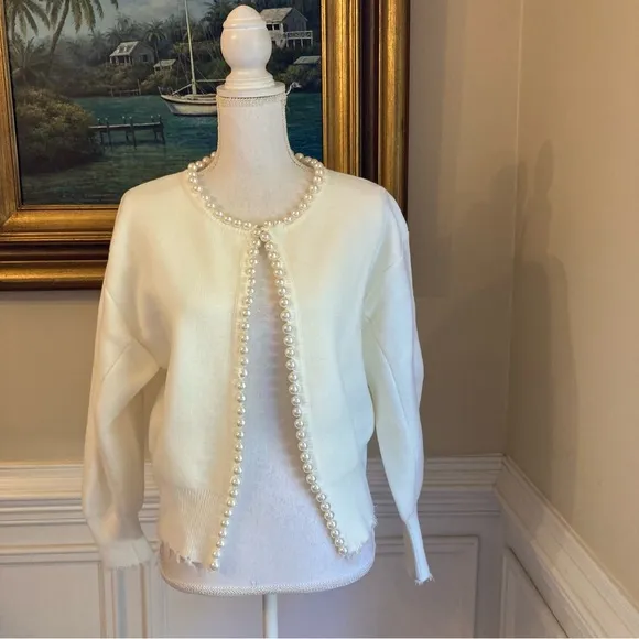 COMMENSE Cream Pearl Trim Cardigan Sweater