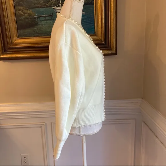 COMMENSE Cream Pearl Trim Cardigan Sweater