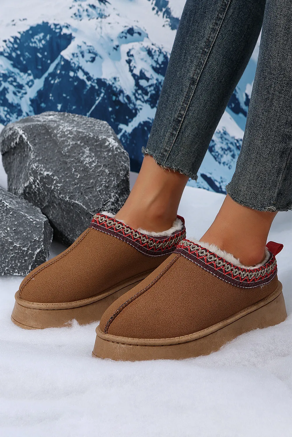Contrast Print Suede Plush Lined Snow Boots