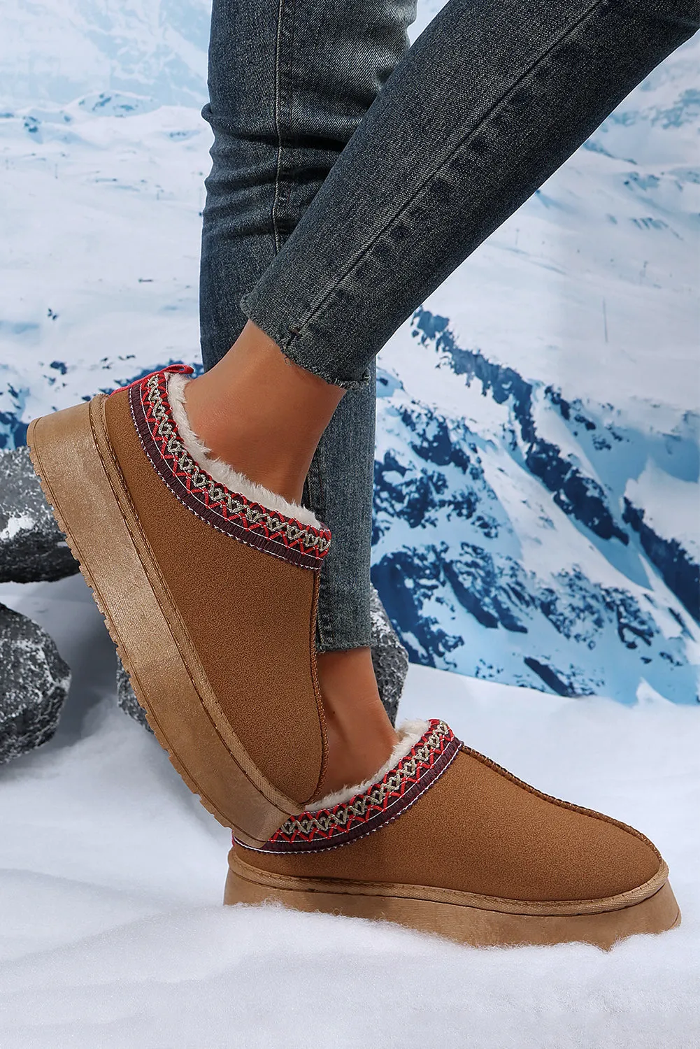 Contrast Print Suede Plush Lined Snow Boots