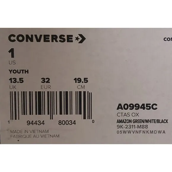 CONVERSE ALL STAR Amazon Green Canvas Low Top Sneakers Youth Size 1