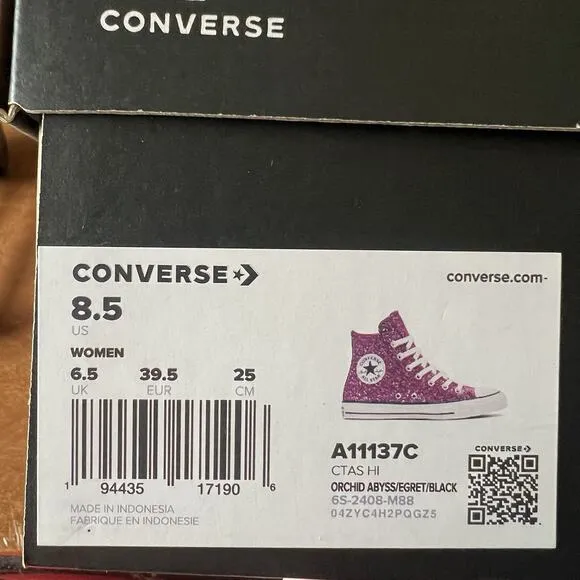 Converse Women's 8.5 Chuck Taylor All Star Hi Purple Pink Glitter Sneakers Shoes