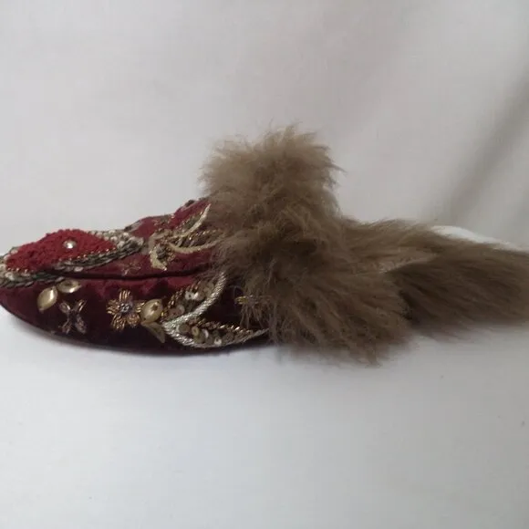 Coral Blue Sequin Embroidered Velvet Leather mules slides flats Slippers Sz 37 7