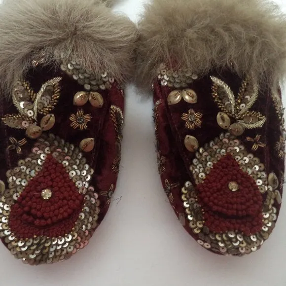 Coral Blue Sequin Embroidered Velvet Leather mules slides flats Slippers Sz 37 7