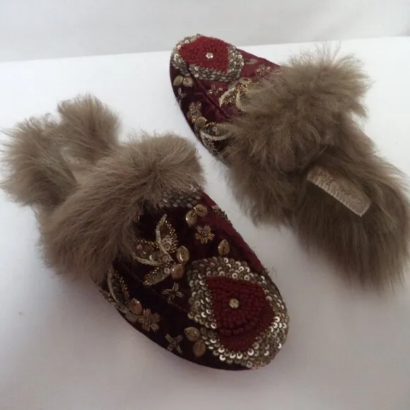 Coral Blue Sequin Embroidered Velvet Leather mules slides flats Slippers Sz 37 7