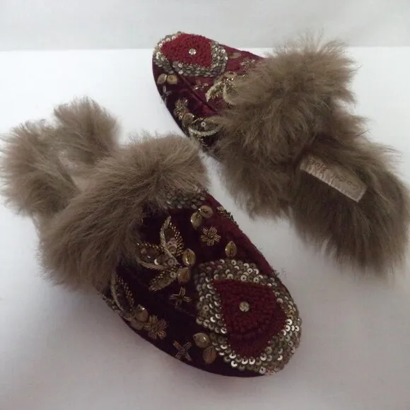 Coral Blue Sequin Embroidered Velvet Leather mules slides flats Slippers Sz 37 7