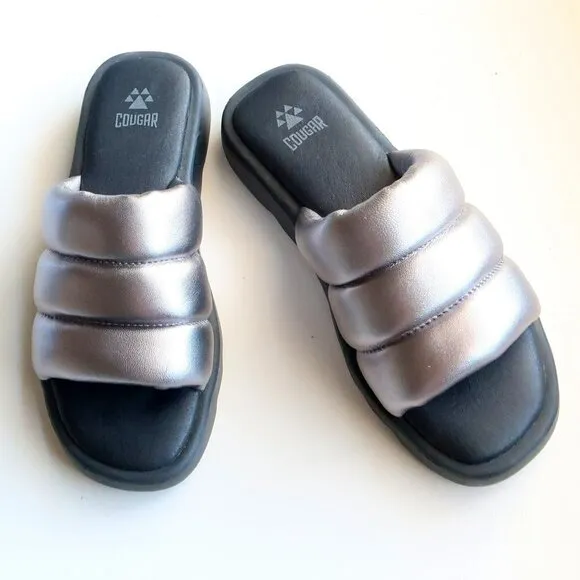 COUGAR Julep Silver Metallic Leather Water-repellent Puffy Slide Flat Sandals