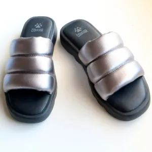 COUGAR Julep Silver Metallic Leather Water-repellent Puffy Slide Flat Sandals