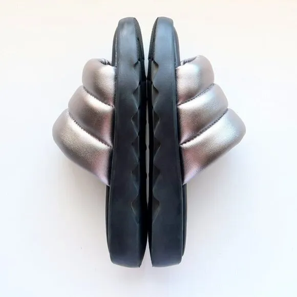 COUGAR Julep Silver Metallic Leather Water-repellent Puffy Slide Flat Sandals