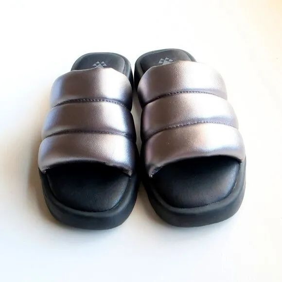 COUGAR Julep Silver Metallic Leather Water-repellent Puffy Slide Flat Sandals