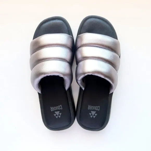 COUGAR Julep Silver Metallic Leather Water-repellent Puffy Slide Flat Sandals